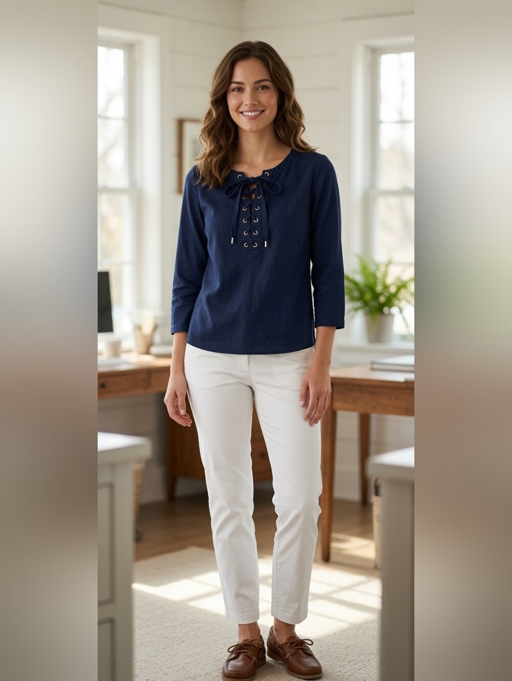 J. Crew Tie Up Blouse XS Nautical Classic Preppy Casual Office 4th Of July